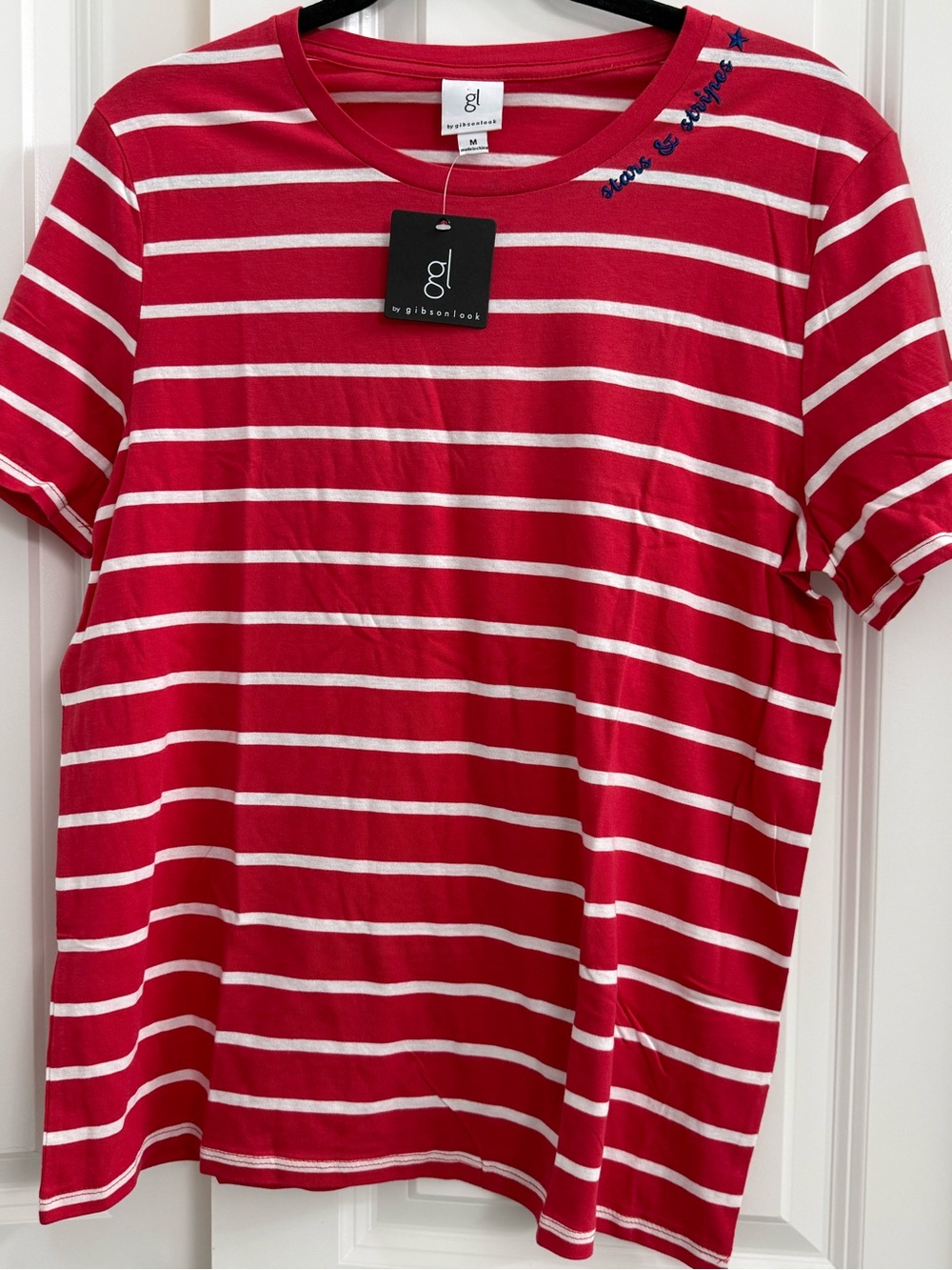 Gibsonlook Red & White Stripe Crewneck Shirt Stars & Stripes Patriotic